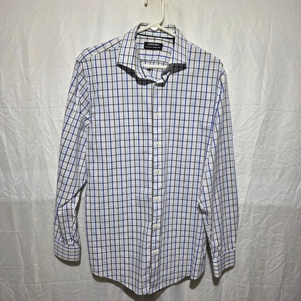 Nordstrom Tech-Smart Traditional Fit Plaid Dress Shirt Blue Grey 15.5 34-35